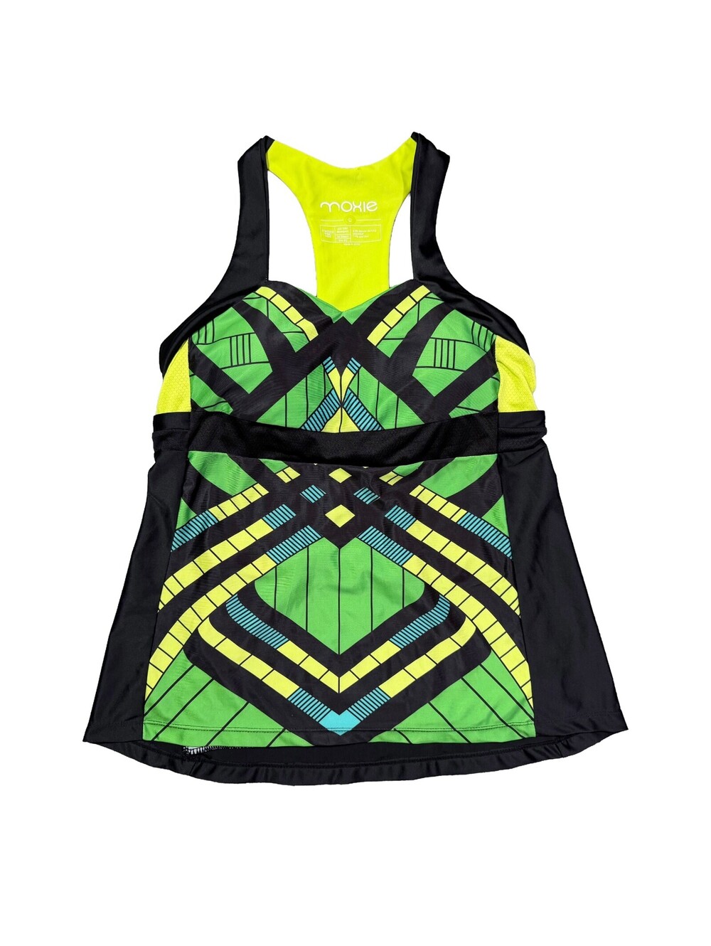 Moxie Cycling Womens Tank Top L Black Green Neon Geometric Bike Jersey Racerback